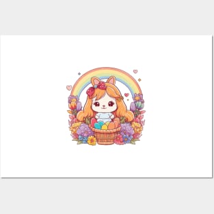 Easter Bunny Girl In Basket. Spring Flowers and Easter Eggs, Rainbow Posters and Art